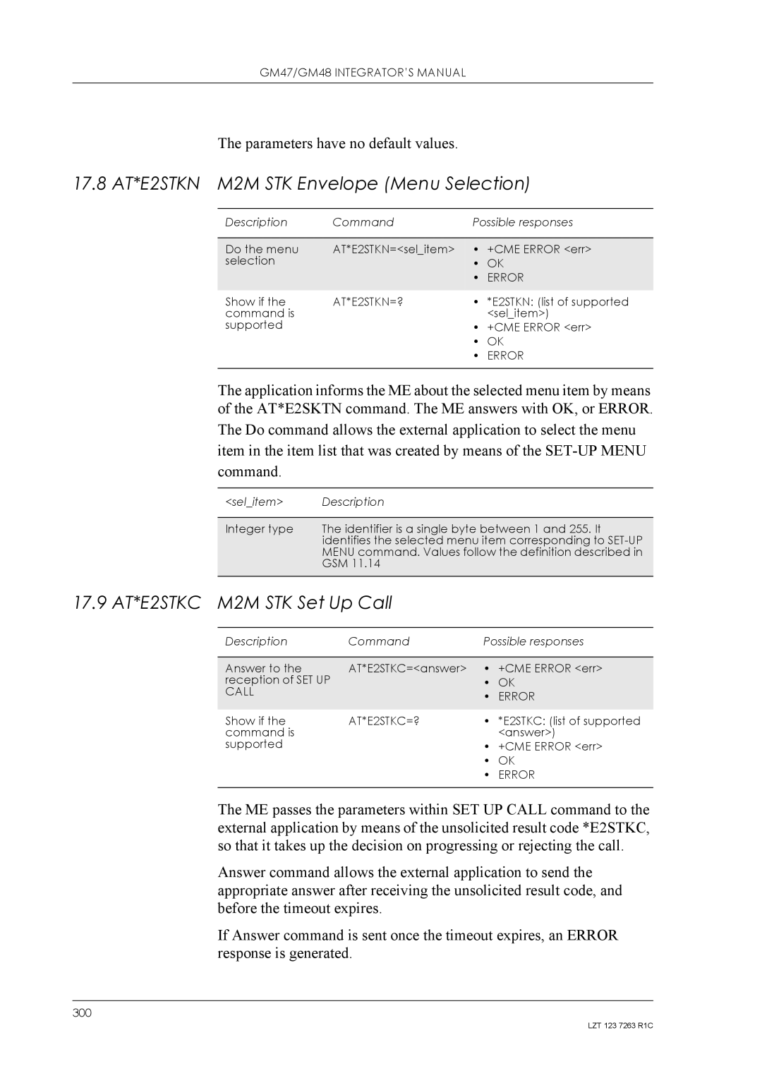 Sony Ericsson GM48, GM47 manual 17.8 AT*E2STKN M2M STK Envelope Menu Selection, 17.9 AT*E2STKC M2M STK Set Up Call, Command 