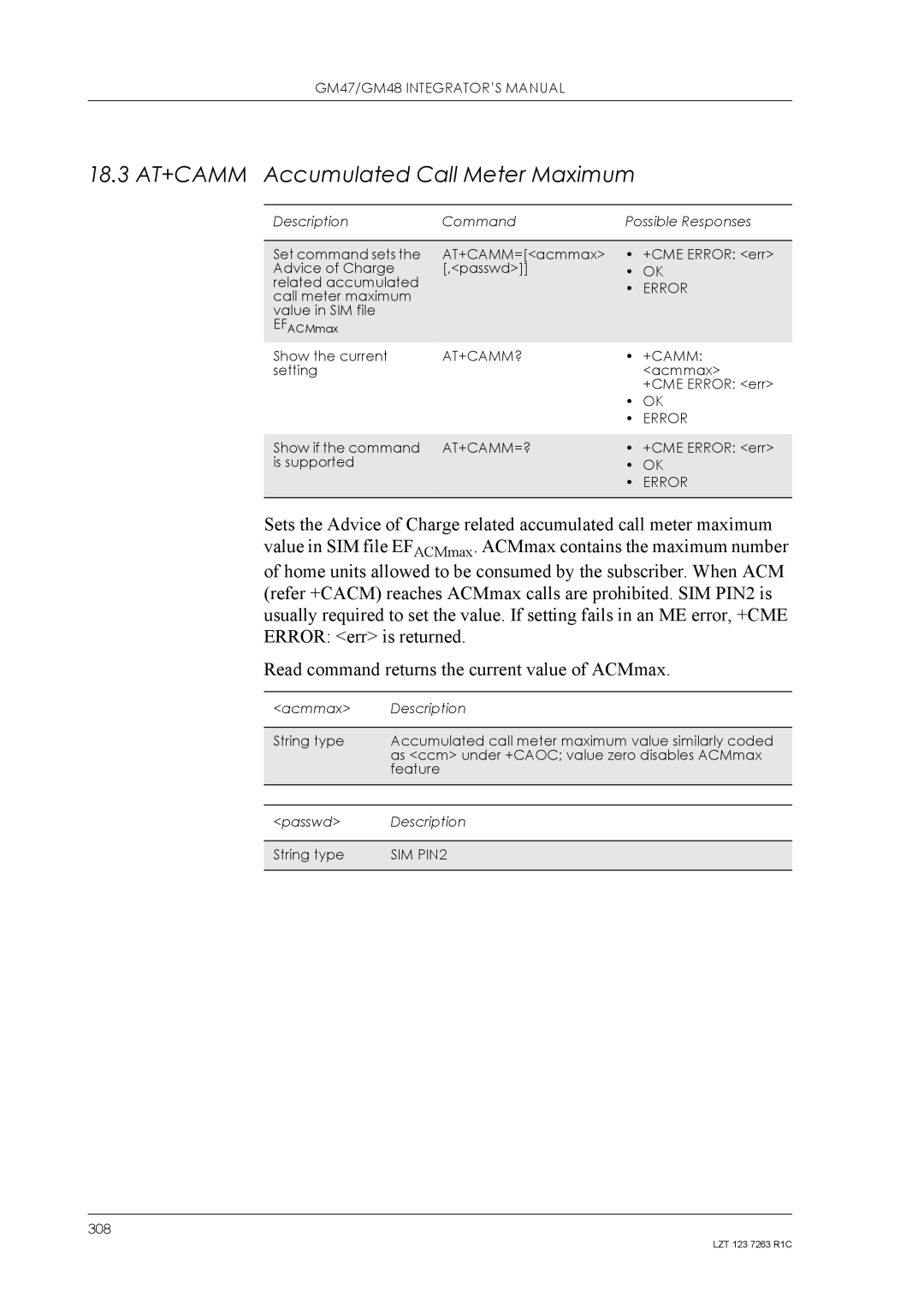 Sony Ericsson GM48, GM47 manual 18.3 AT+CAMM Accumulated Call Meter Maximum, At+Camm?, At+Camm=? 