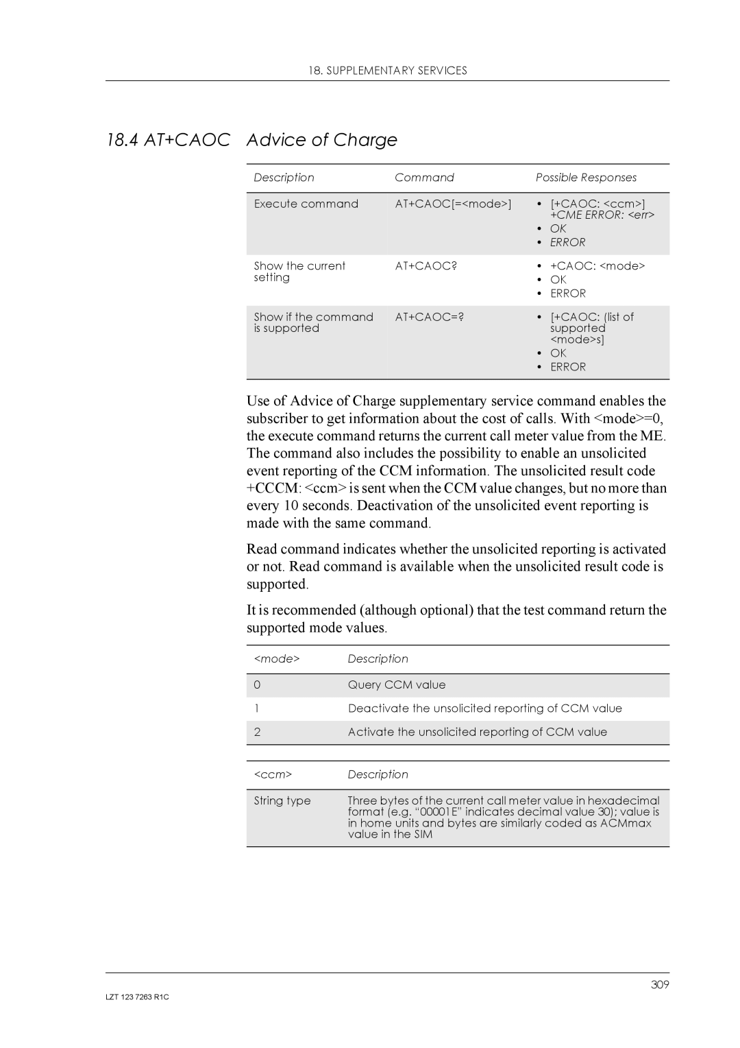 Sony Ericsson GM47, GM48 manual 18.4 AT+CAOC Advice of Charge, At+Caoc?, At+Caoc=? 