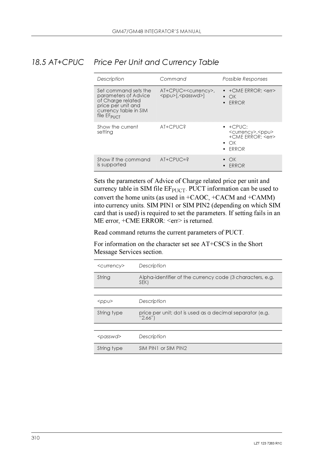 Sony Ericsson GM48, GM47 manual 18.5 AT+CPUC Price Per Unit and Currency Table, At+Cpuc?, At+Cpuc=?, Sek 