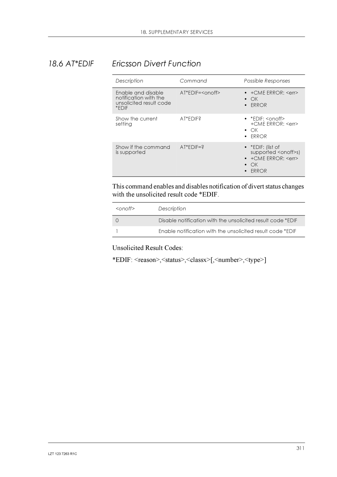 Sony Ericsson GM47 18.6 AT*EDIF Ericsson Divert Function, With the unsolicited result code *EDIF, At*Edif?, At*Edif=? 