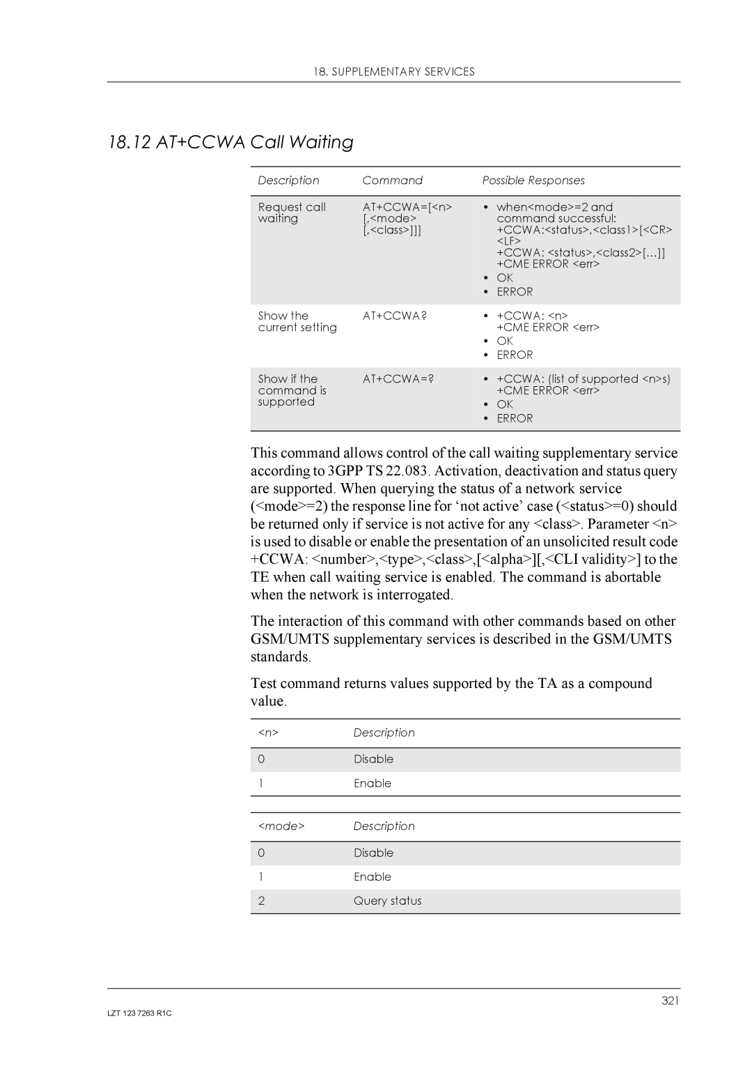 Sony Ericsson GM47, GM48 manual 18.12 AT+CCWA Call Waiting, At+Ccwa?, At+Ccwa=? 