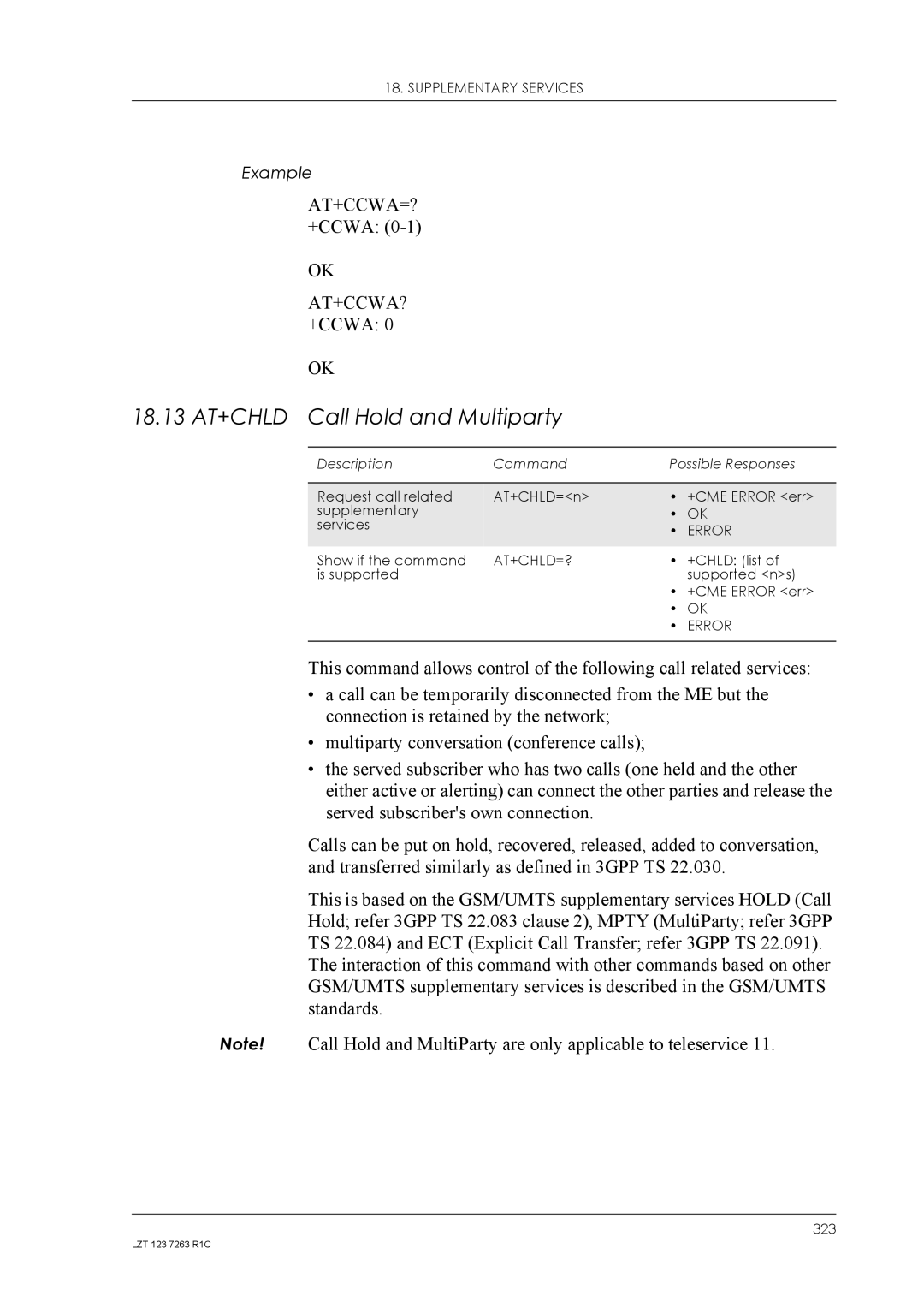 Sony Ericsson GM47, GM48 manual 18.13 AT+CHLD Call Hold and Multiparty, At+Ccwa=? +Ccwa, At+Chld=? 