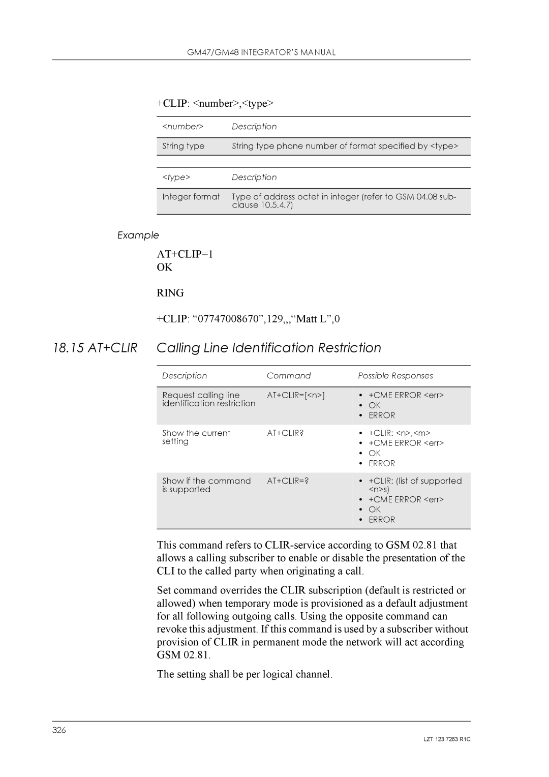 Sony Ericsson GM48, GM47 18.15 AT+CLIR Calling Line Identification Restriction, +CLIP number,type, At+Clir?, At+Clir=? 