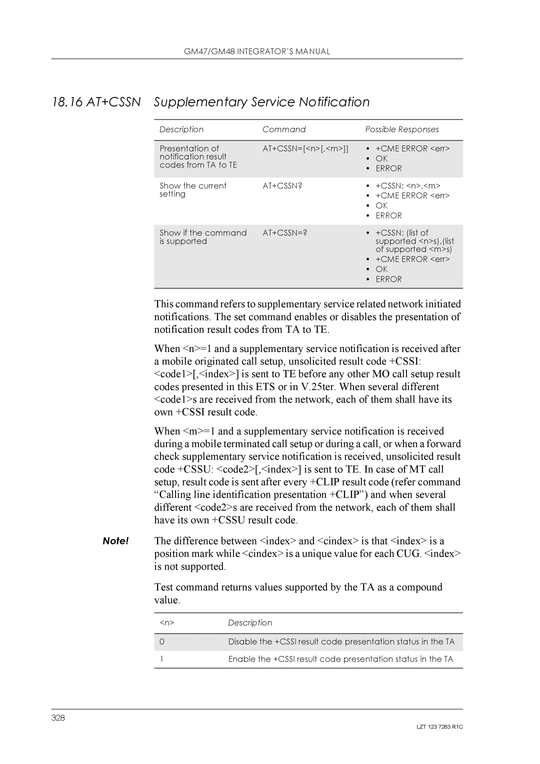 Sony Ericsson GM48, GM47 manual 18.16 AT+CSSN Supplementary Service Notification, At+Cssn?, At+Cssn=? 