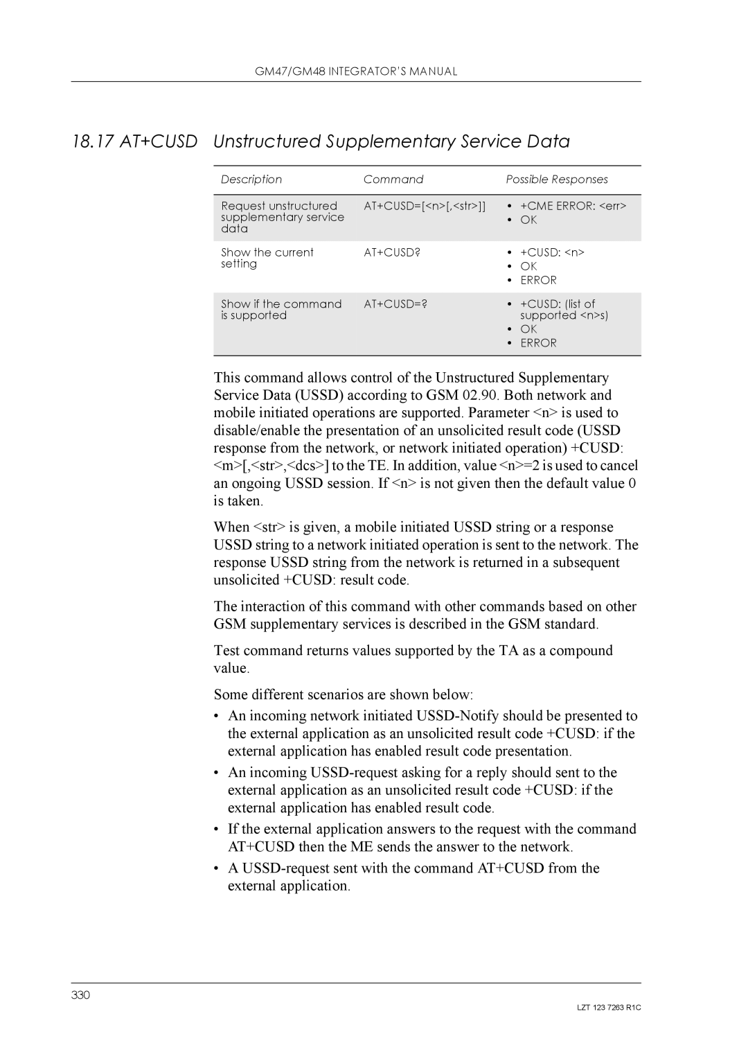 Sony Ericsson GM48, GM47 manual 18.17 AT+CUSD Unstructured Supplementary Service Data, At+Cusd?, At+Cusd=? 