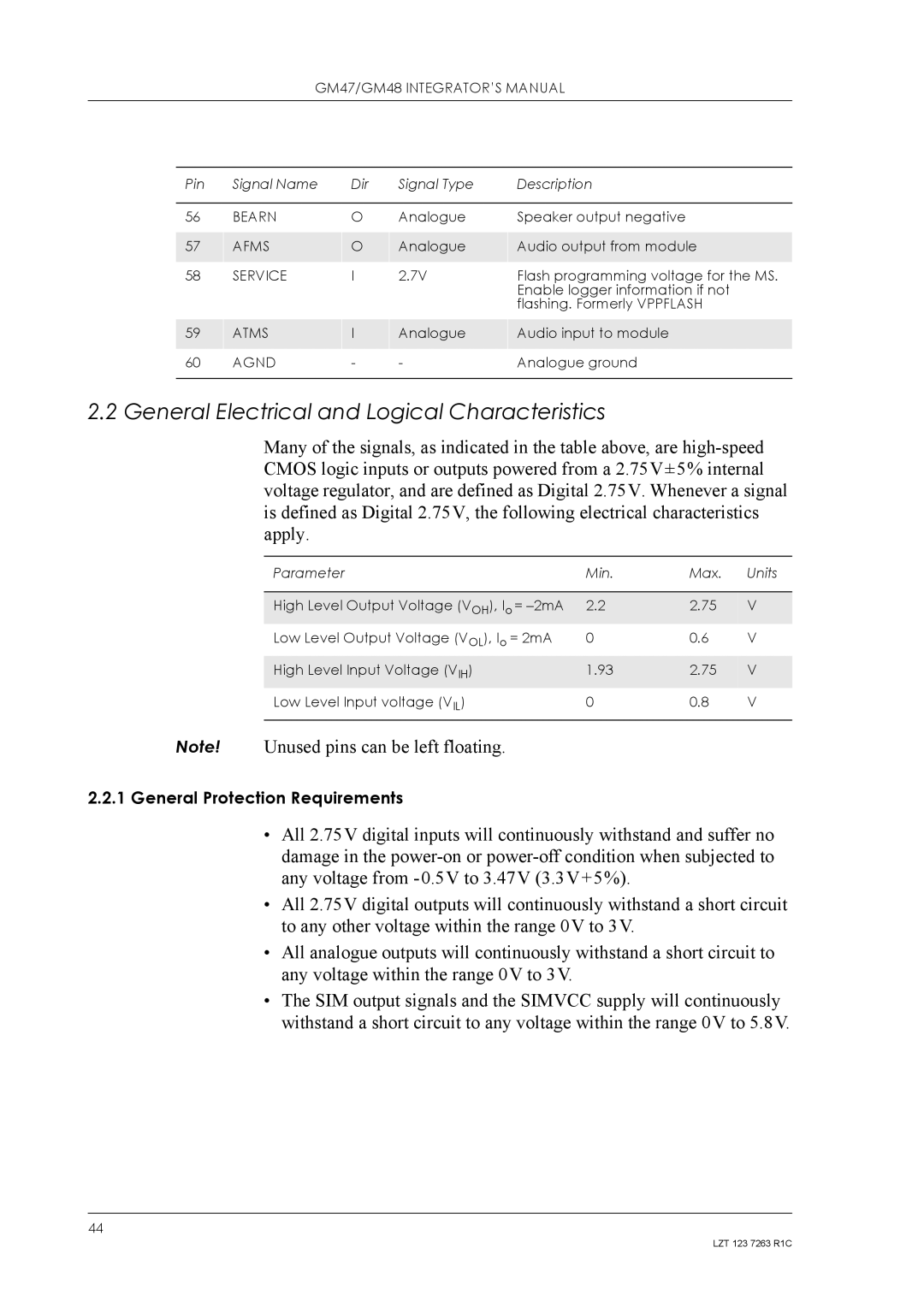 Sony Ericsson GM48, GM47 manual General Electrical and Logical Characteristics, Afms, Atms, Agnd 