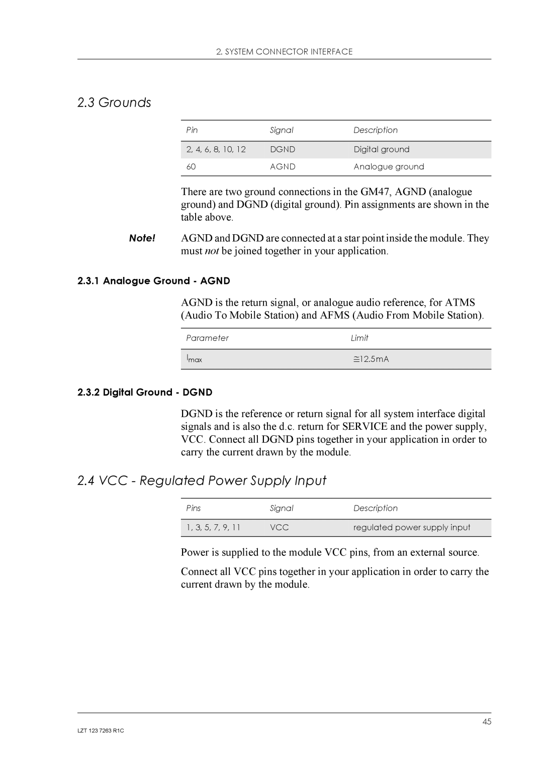 Sony Ericsson GM47, GM48 manual Grounds, VCC Regulated Power Supply Input 