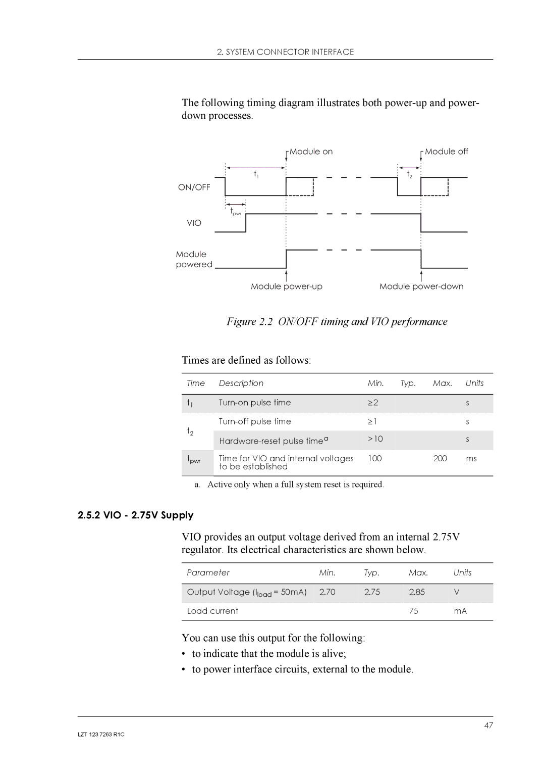 Sony Ericsson GM47, GM48 manual ON/OFF timing and VIO performance, Times are defined as follows 