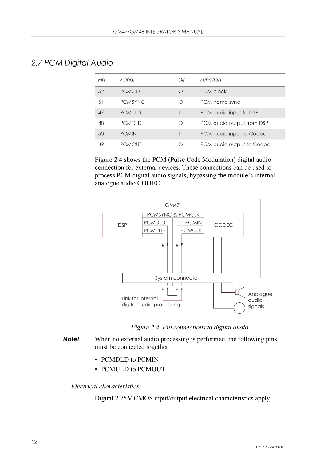 Sony Ericsson GM48, GM47 manual PCM Digital Audio, Pcmdld to Pcmin Pcmuld to Pcmout, Electrical characteristics 