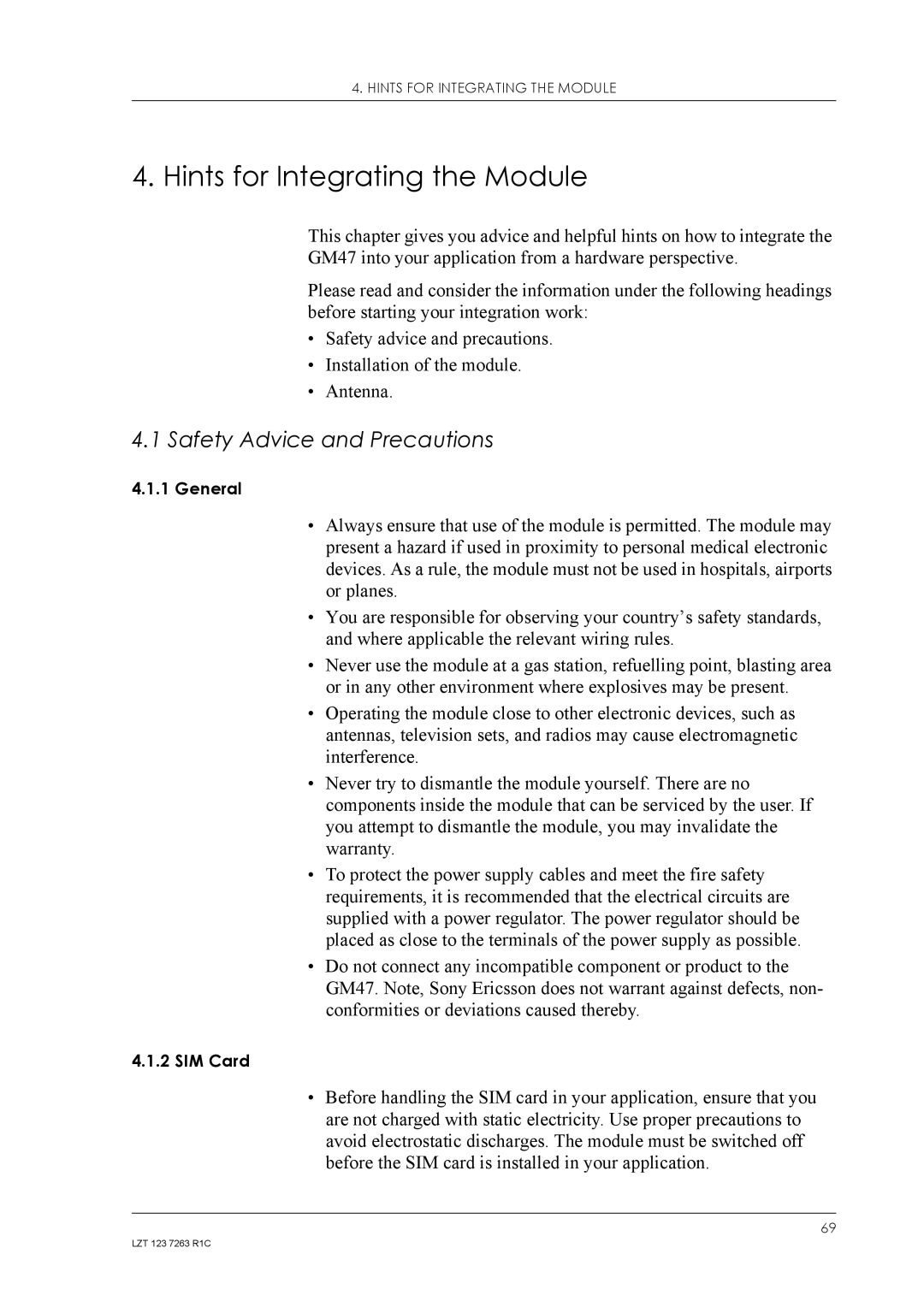 Sony Ericsson GM47, GM48 manual Hints for Integrating the Module, Safety Advice and Precautions 