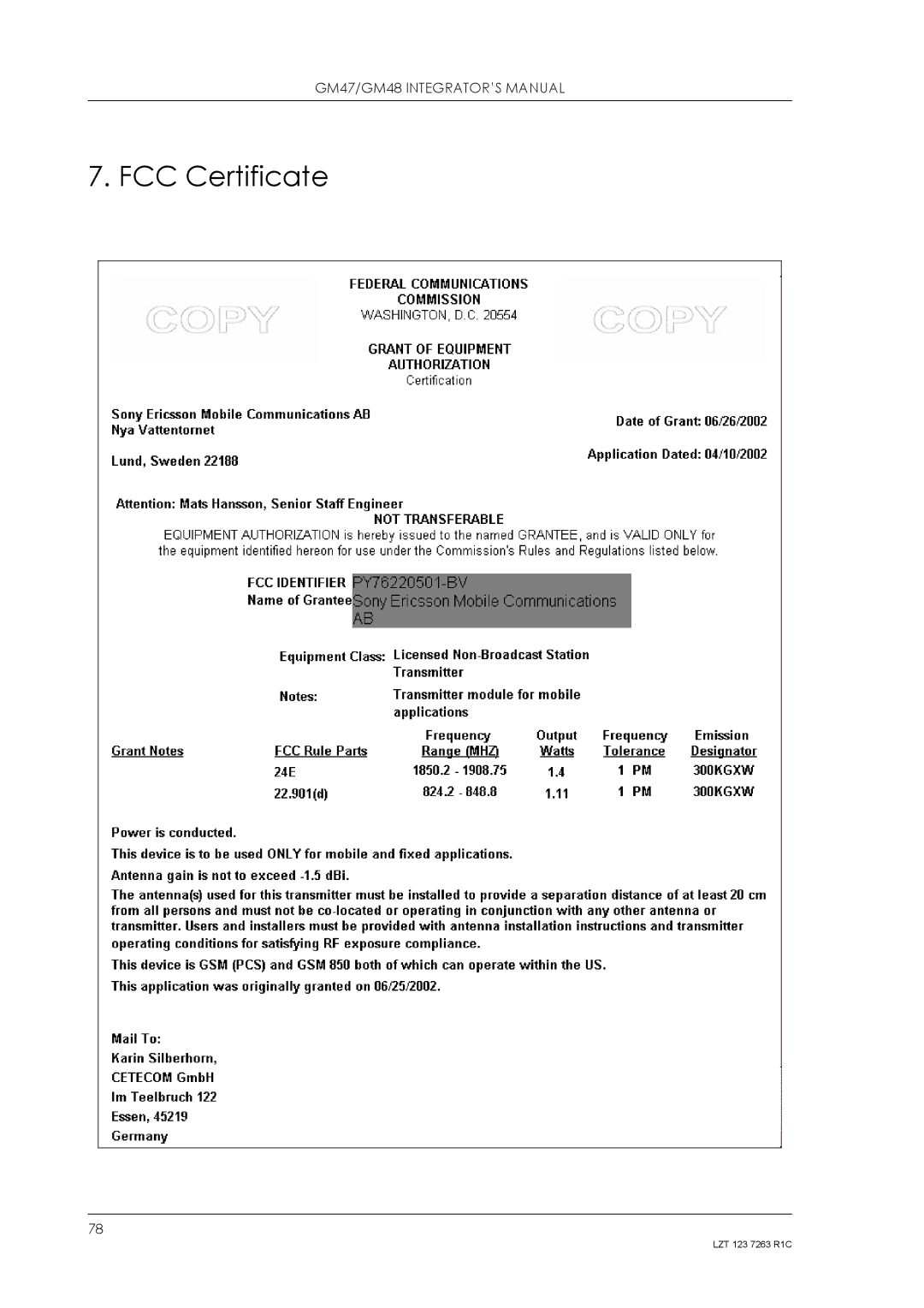 Sony Ericsson GM48, GM47 manual FCC Certificate 