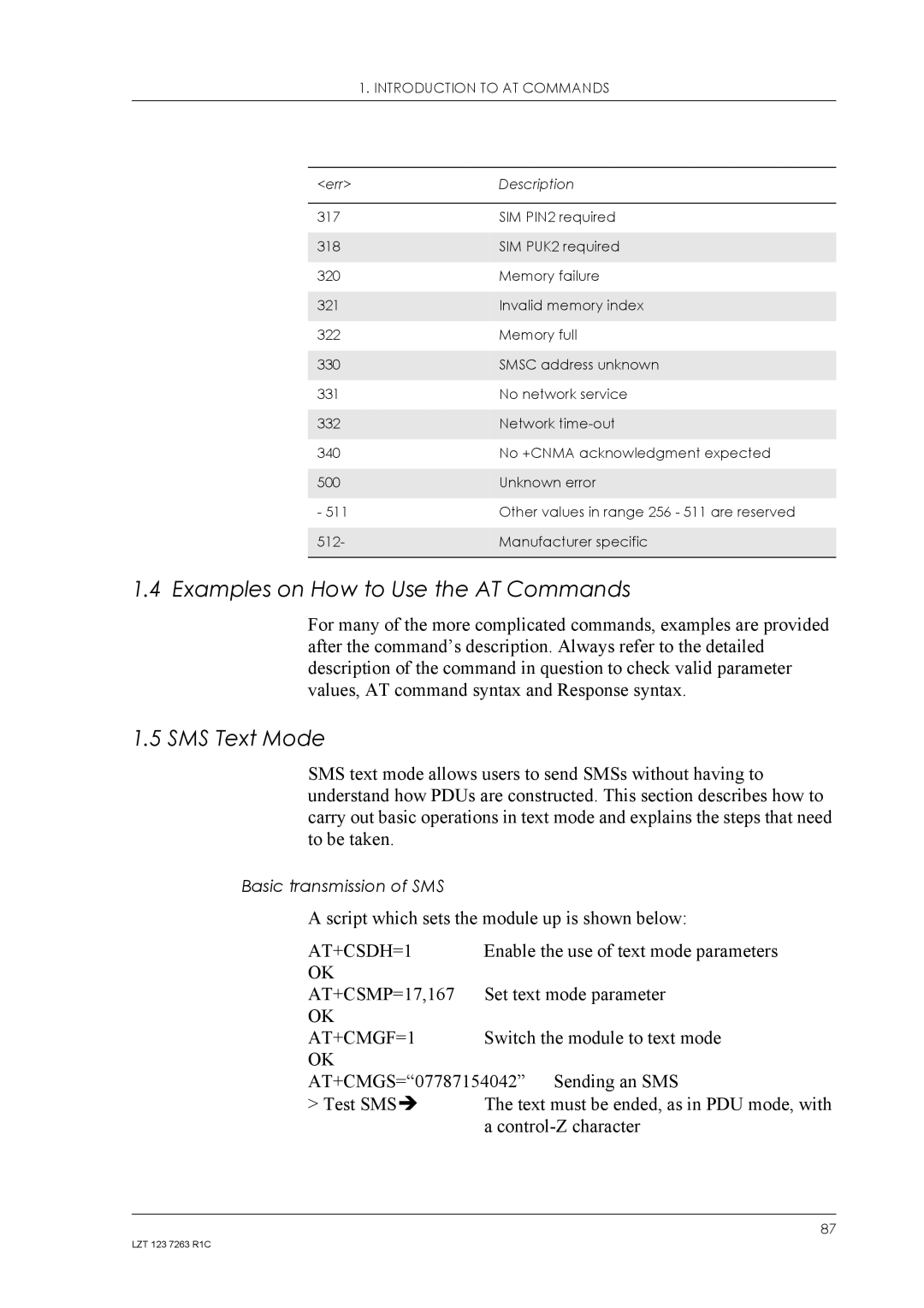 Sony Ericsson GM47, GM48 manual Examples on How to Use the AT Commands, SMS Text Mode 