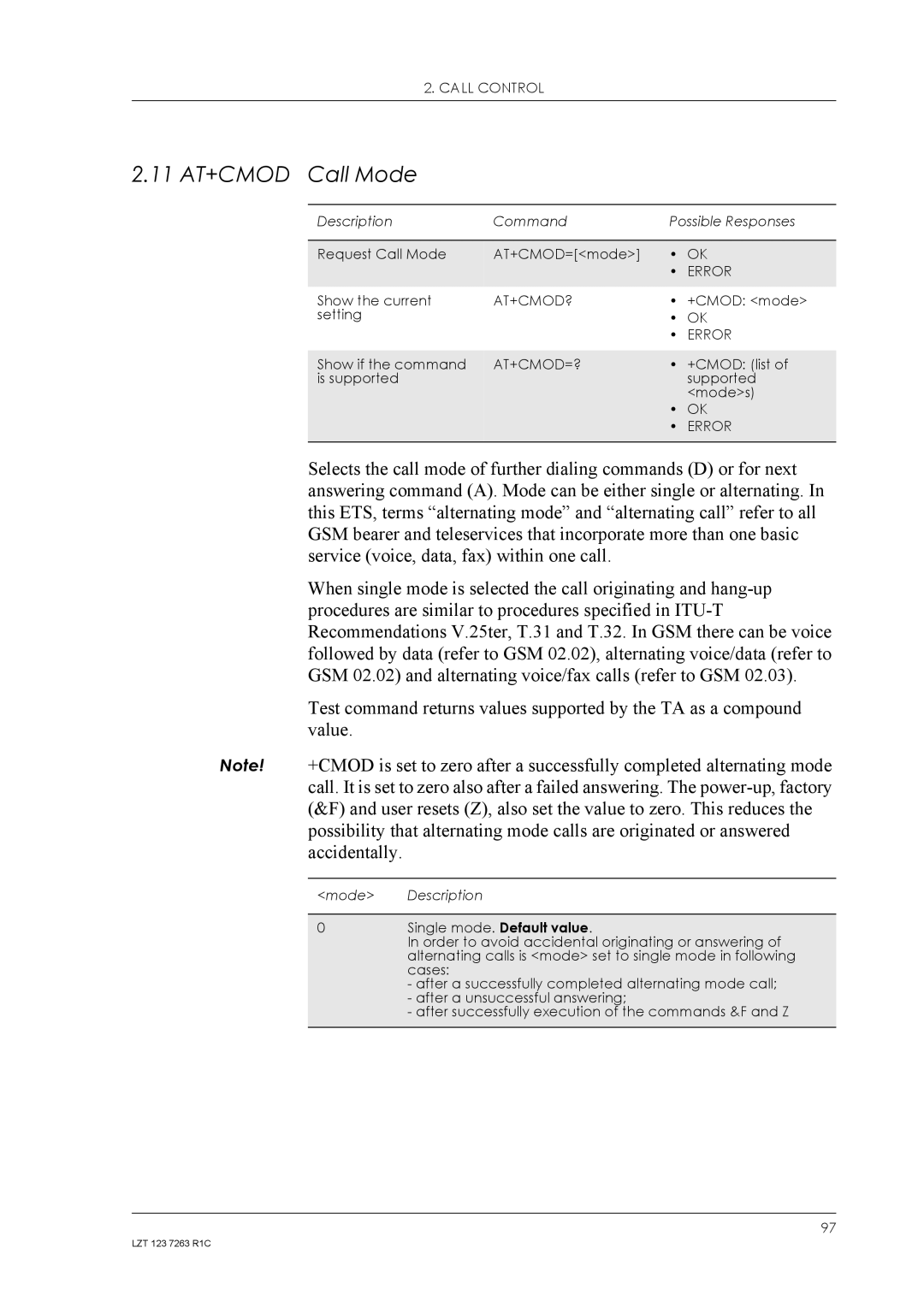 Sony Ericsson GM47, GM48 manual 11 AT+CMOD Call Mode, At+Cmod?, At+Cmod=? 