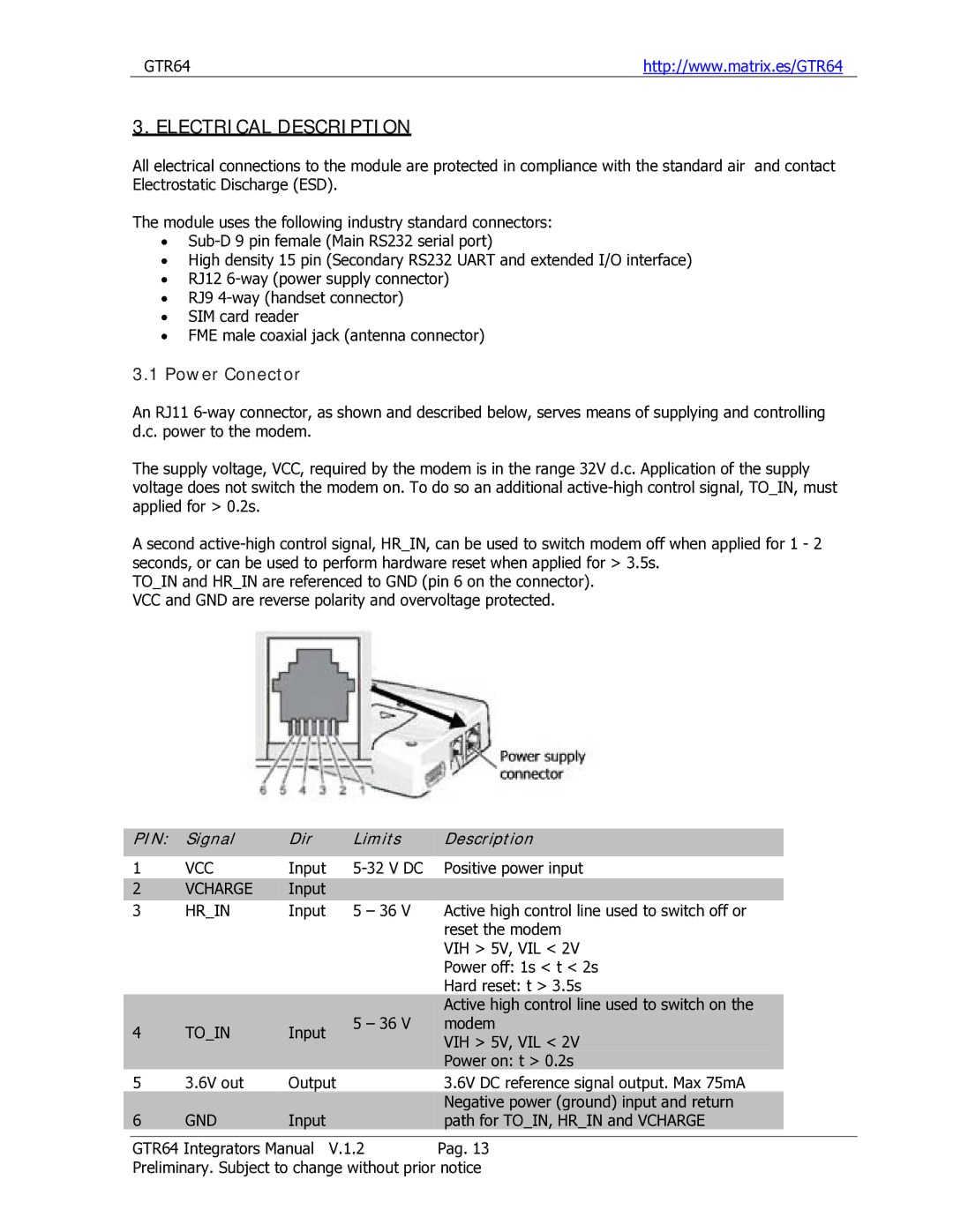 Sony Ericsson GTR-64 manual Electrical Description, Power Conector, Signal Dir Limits Description 