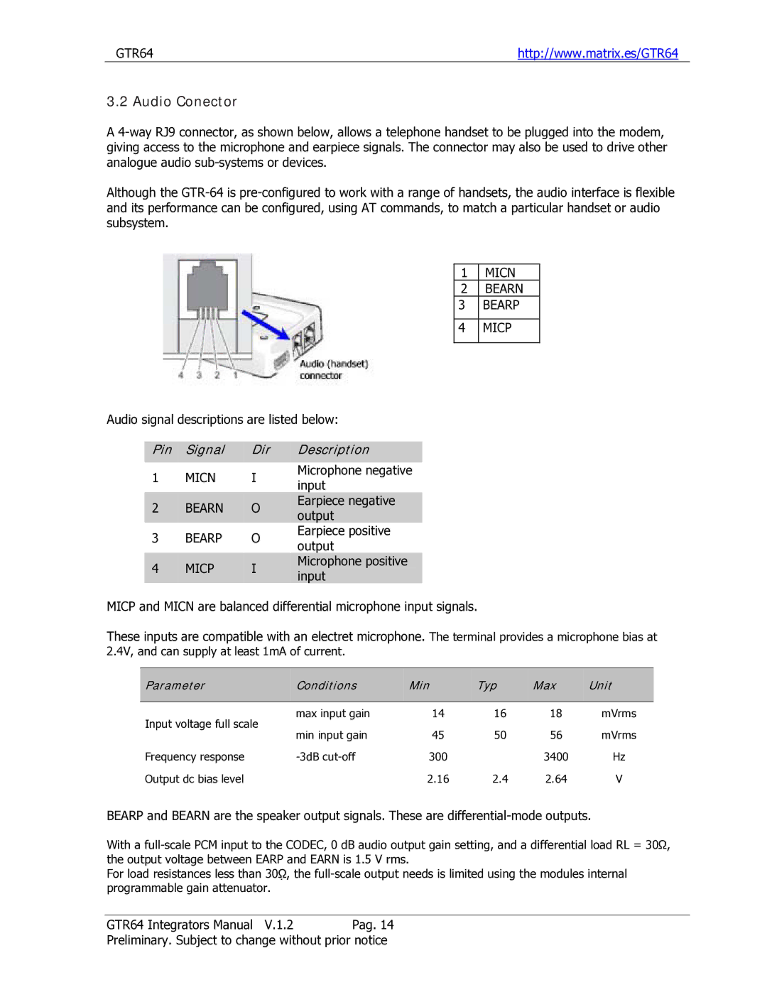 Sony Ericsson GTR-64 manual Audio Conector, Pin Signal Dir Description 