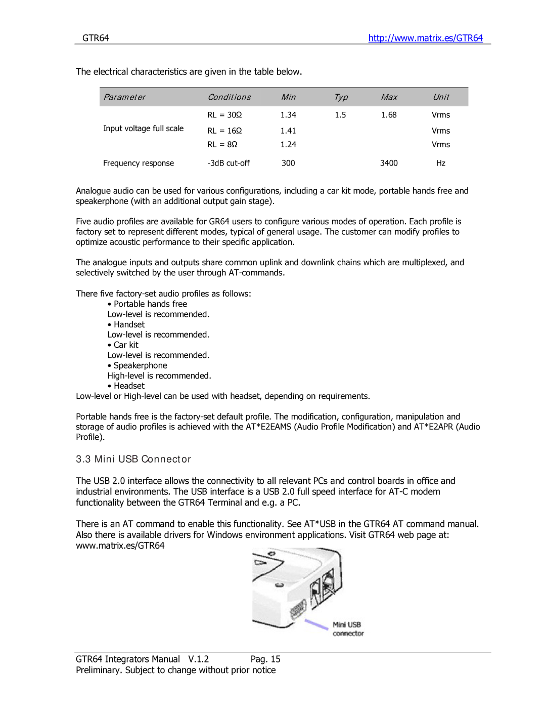 Sony Ericsson GTR-64 manual Mini USB Connector, Electrical characteristics are given in the table below 