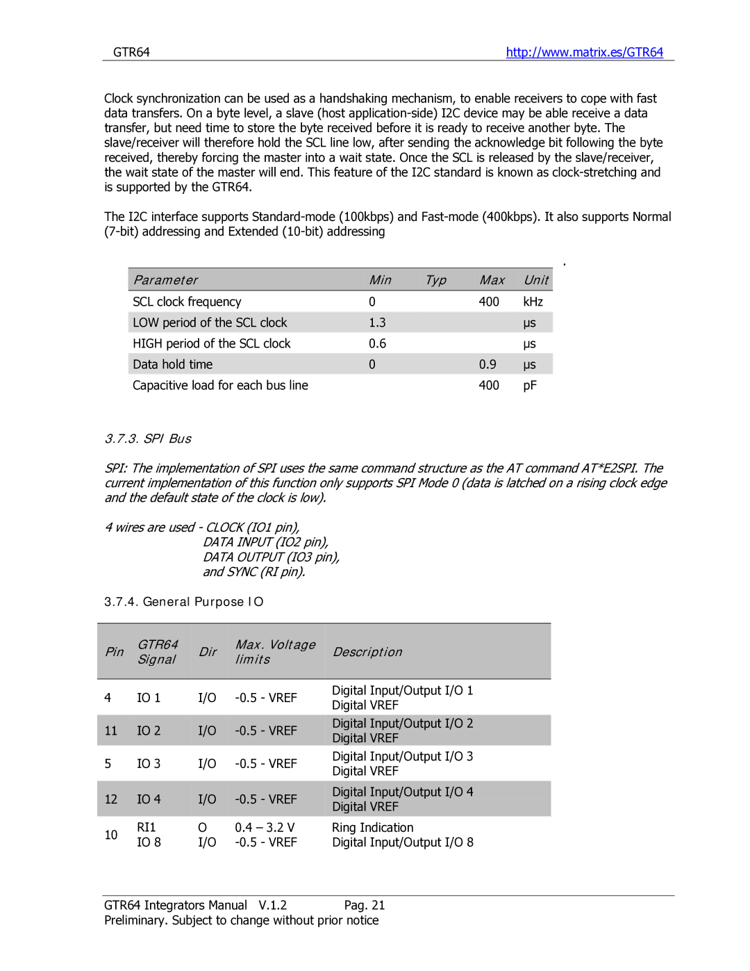 Sony Ericsson GTR-64 manual Parameter Min Typ Max Unit, SPI Bus, General Purpose IO 