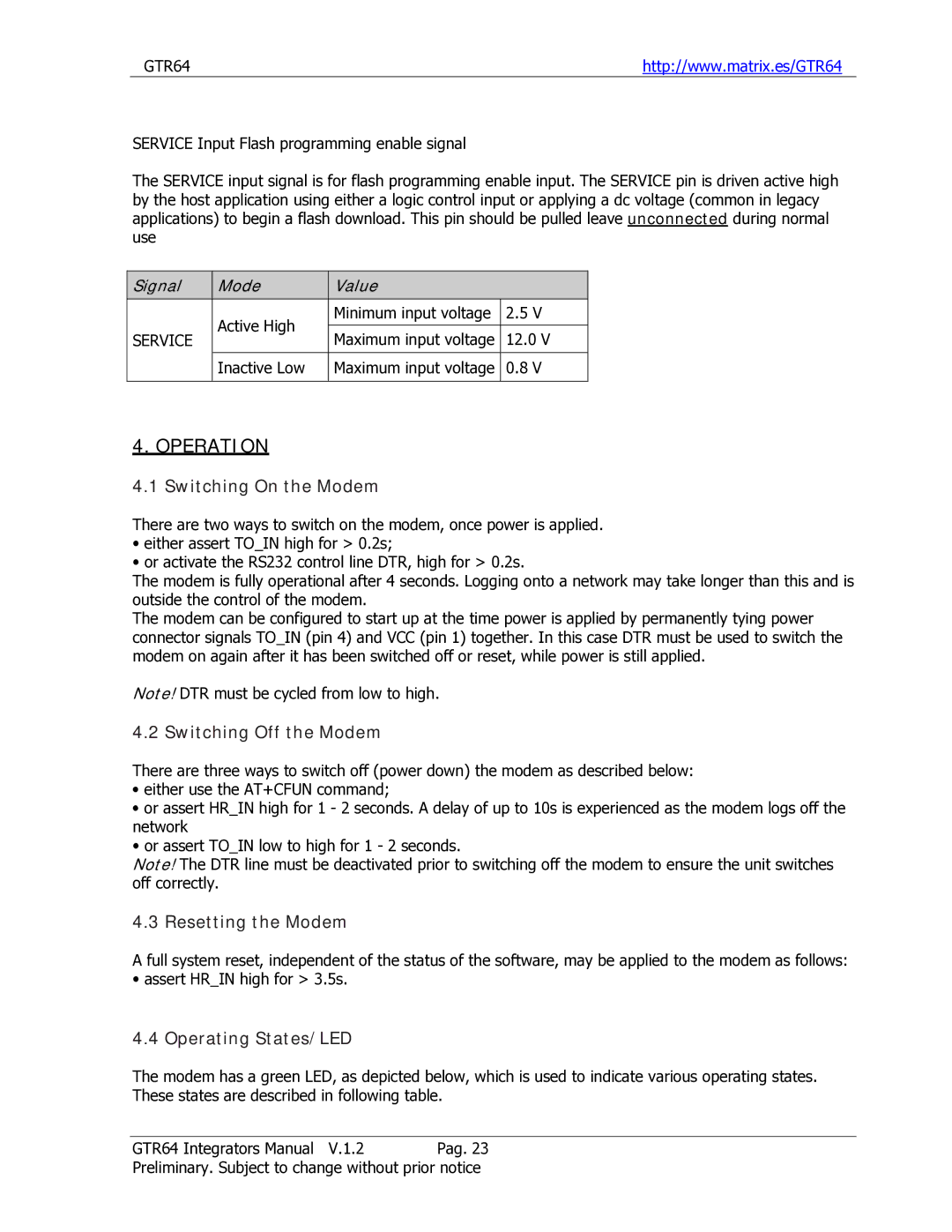 Sony Ericsson GTR-64 Operation, Switching On the Modem, Switching Off the Modem, Resetting the Modem, Operating States/LED 