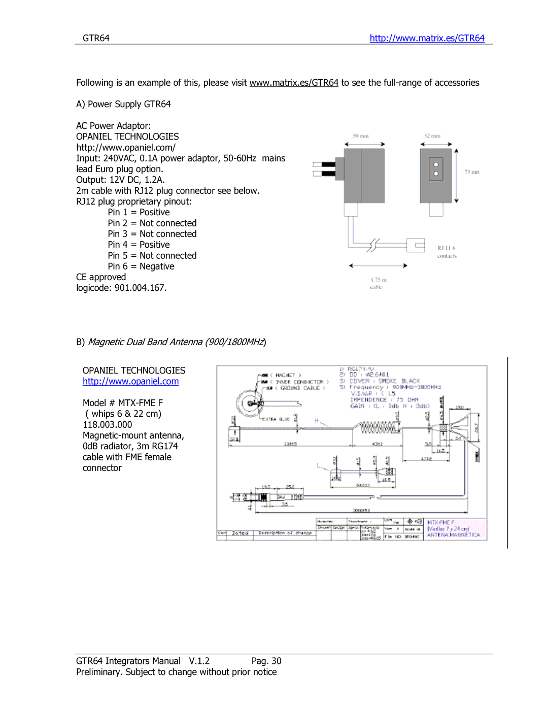 Sony Ericsson GTR-64 manual Magnetic Dual Band Antenna 900/1800MHz, Opaniel Technologies 