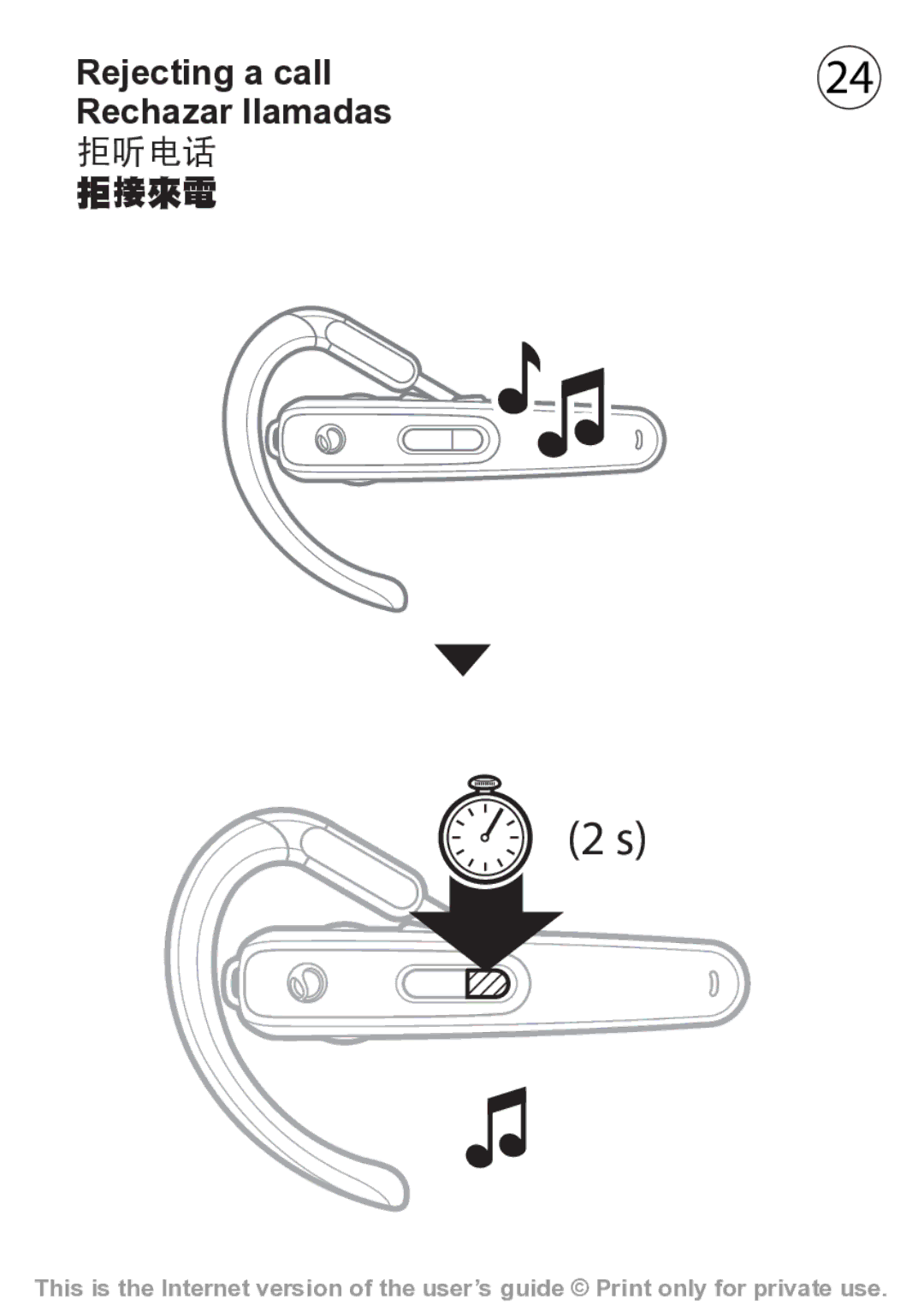 Sony Ericsson HBH-608 manual Rejecting a call Rechazar llamadas 拒听电话 