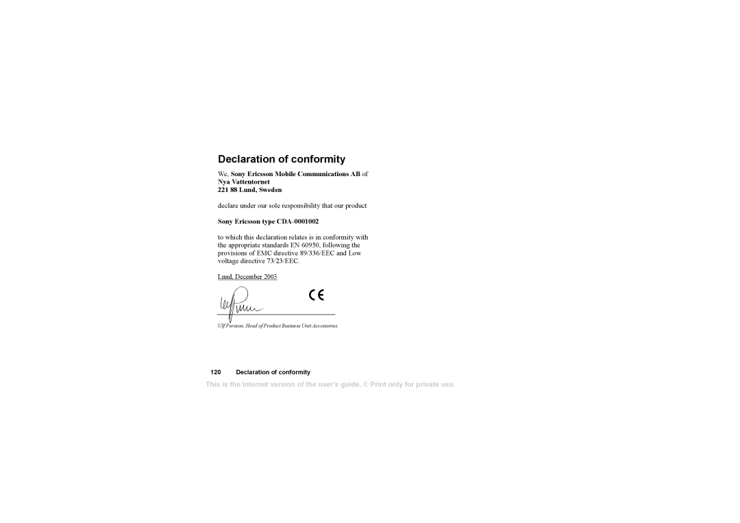 Sony Ericsson HCA-200 manual Declaration of conformity, Sony Ericsson type CDA-0001002 