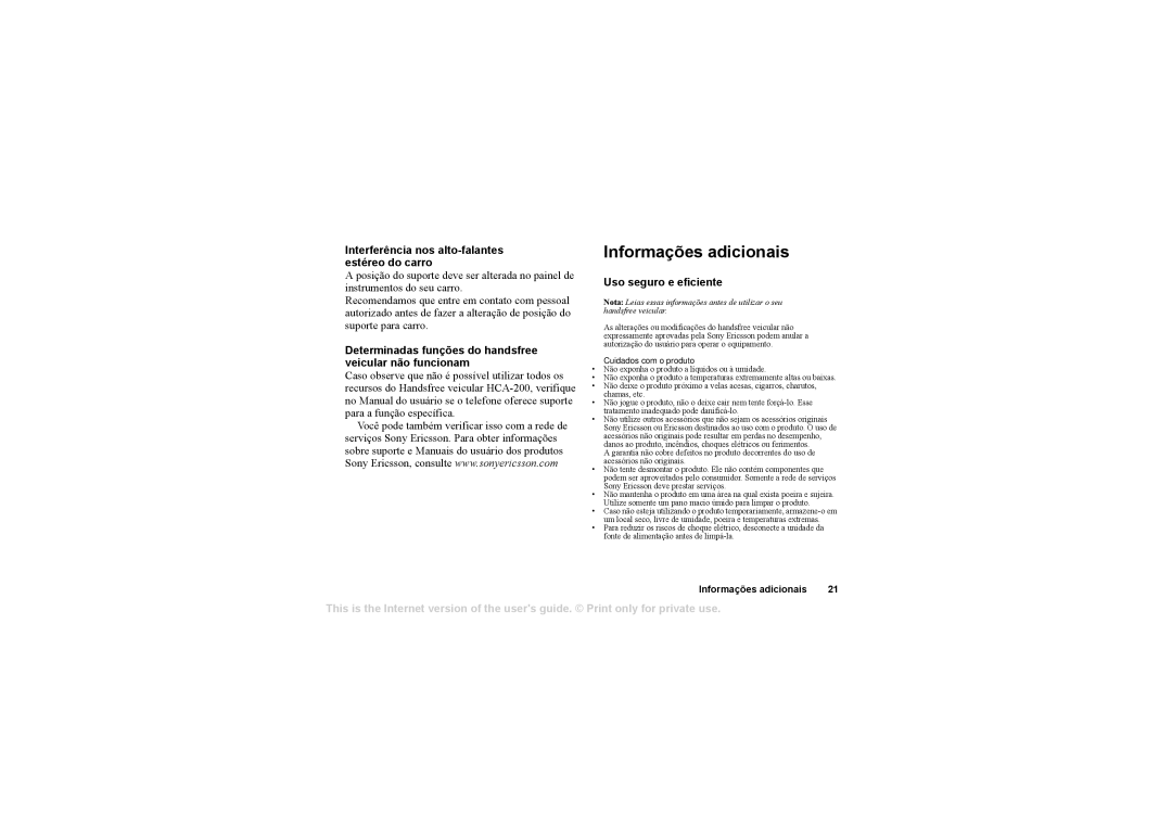 Sony Ericsson HCA-200 manual Informações adicionais, Determinadas funções do handsfree veicular não funcionam 
