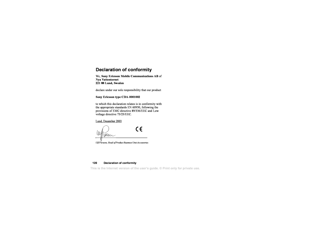 Sony Ericsson HCA-200 manual Declaration of conformity, We, Sony Ericsson Mobile Communications AB of 