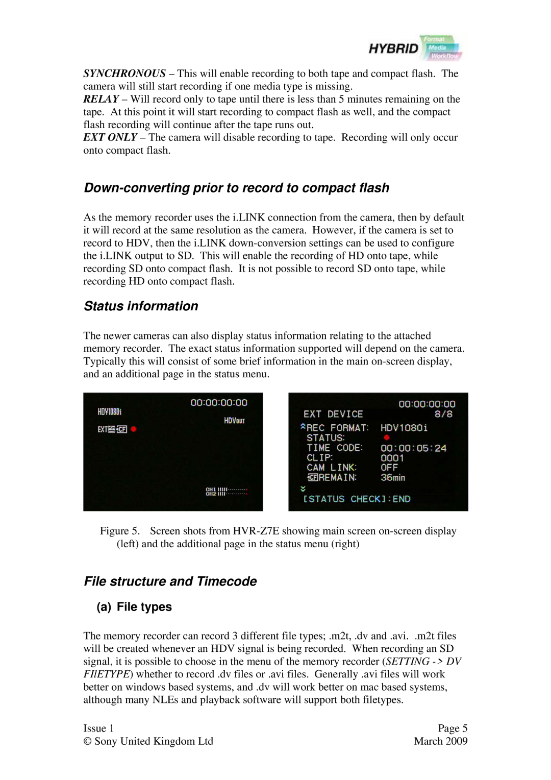 Sony Ericsson HVR-MRC1 Down-converting prior to record to compact flash, Status information, File structure and Timecode 