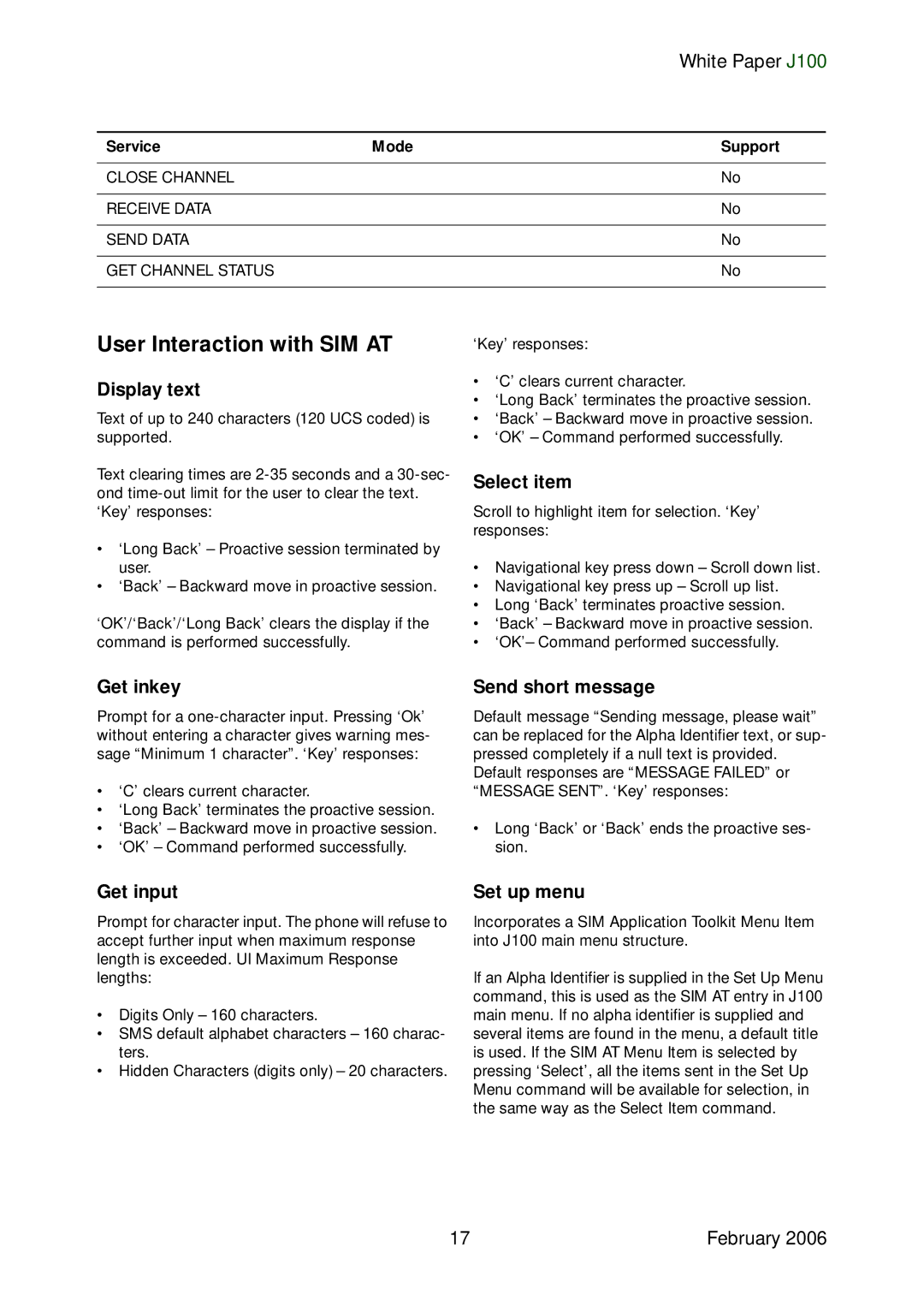 Sony Ericsson J100 manual User Interaction with SIM AT, Close Channel Receive Data Send Data GET Channel Status 