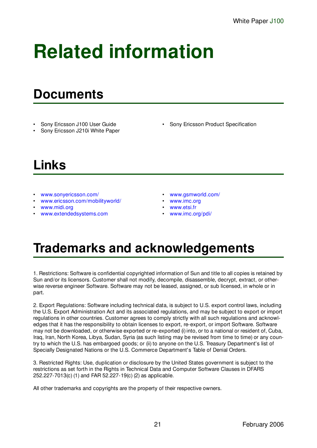 Sony Ericsson J100 manual Related information, Documents, Links Trademarks and acknowledgements 