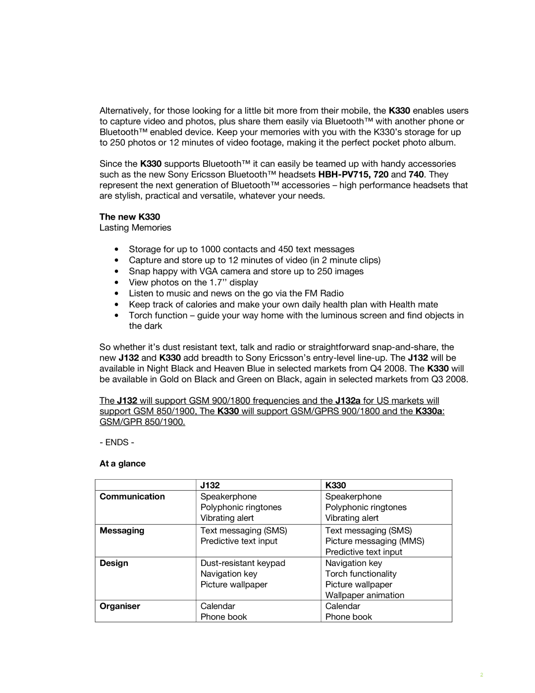 Sony Ericsson manual New K330, At a glance J132 K330 Communication, Messaging, Design, Organiser 