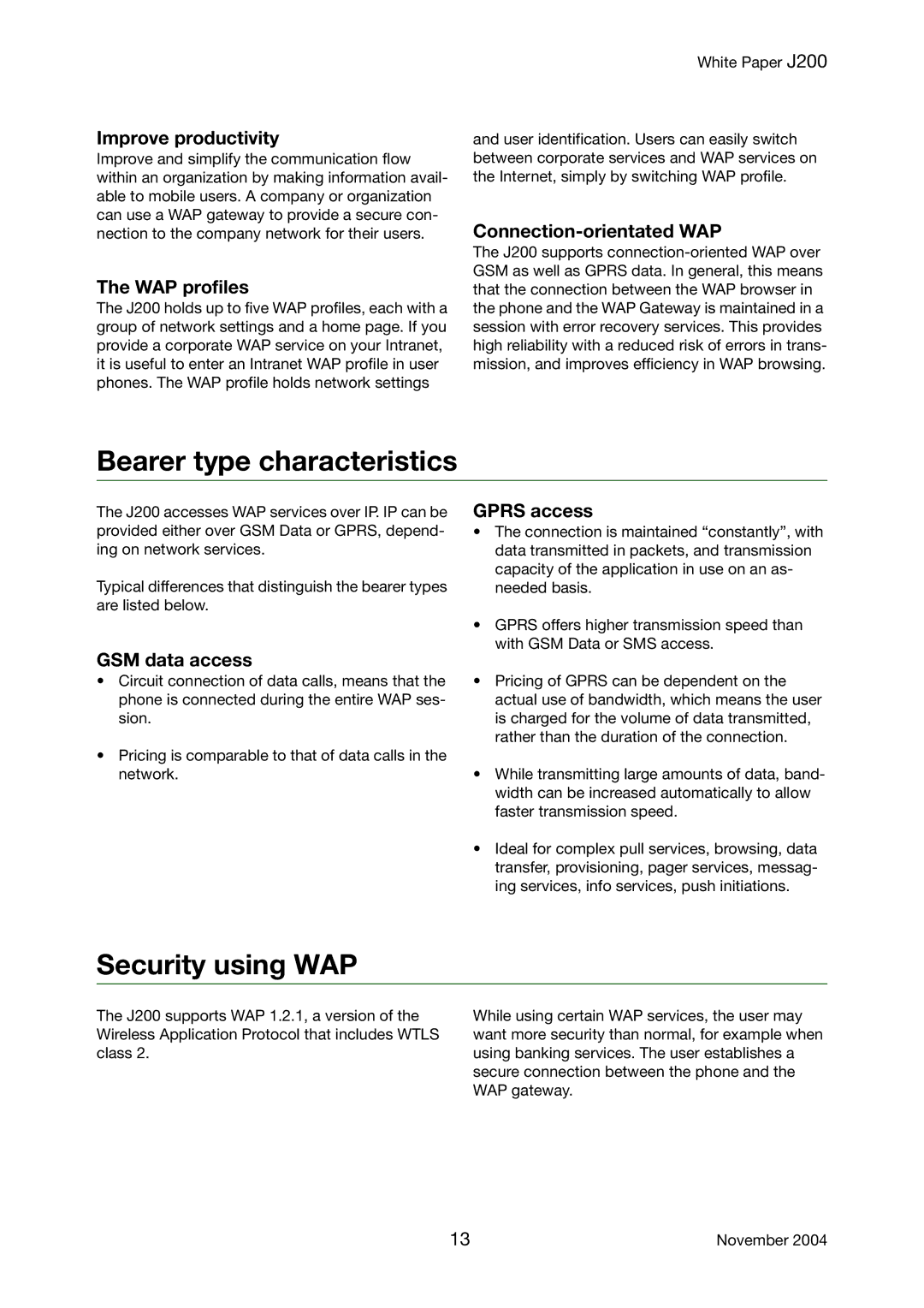 Sony Ericsson J200 manual Bearer type characteristics, Security using WAP 