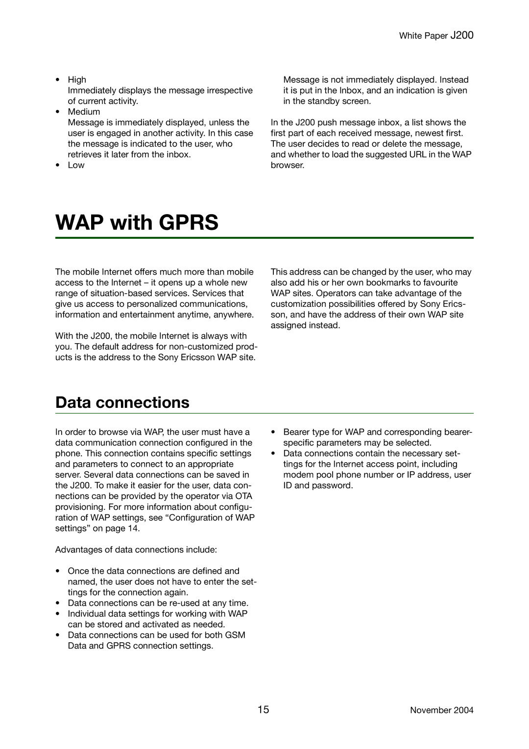 Sony Ericsson J200 manual WAP with Gprs, Data connections 