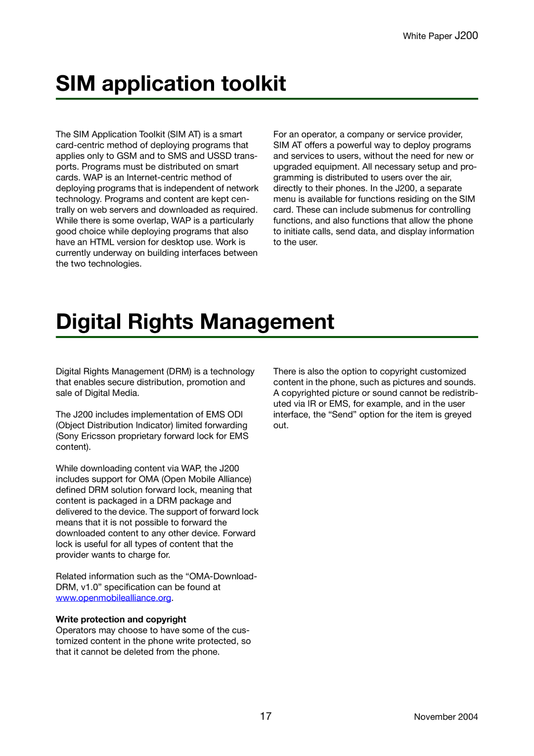 Sony Ericsson J200 manual SIM application toolkit, Digital Rights Management, Write protection and copyright 