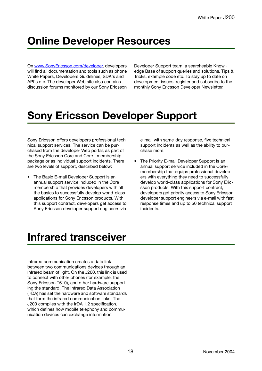 Sony Ericsson J200 manual Online Developer Resources, Sony Ericsson Developer Support, Infrared transceiver 