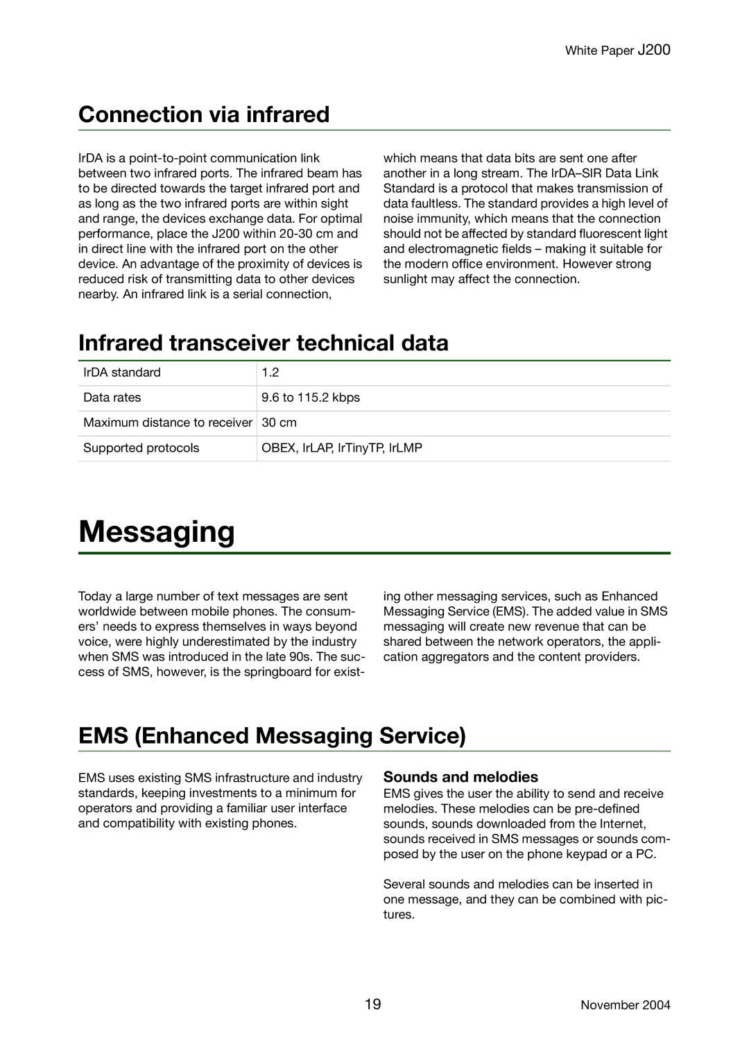 Sony Ericsson J200 manual Connection via infrared, Infrared transceiver technical data, EMS Enhanced Messaging Service 