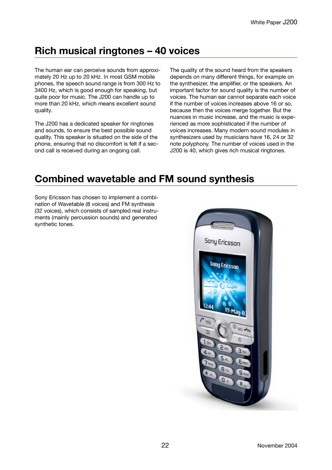 Sony Ericsson J200 manual Rich musical ringtones 40 voices, Combined wavetable and FM sound synthesis 