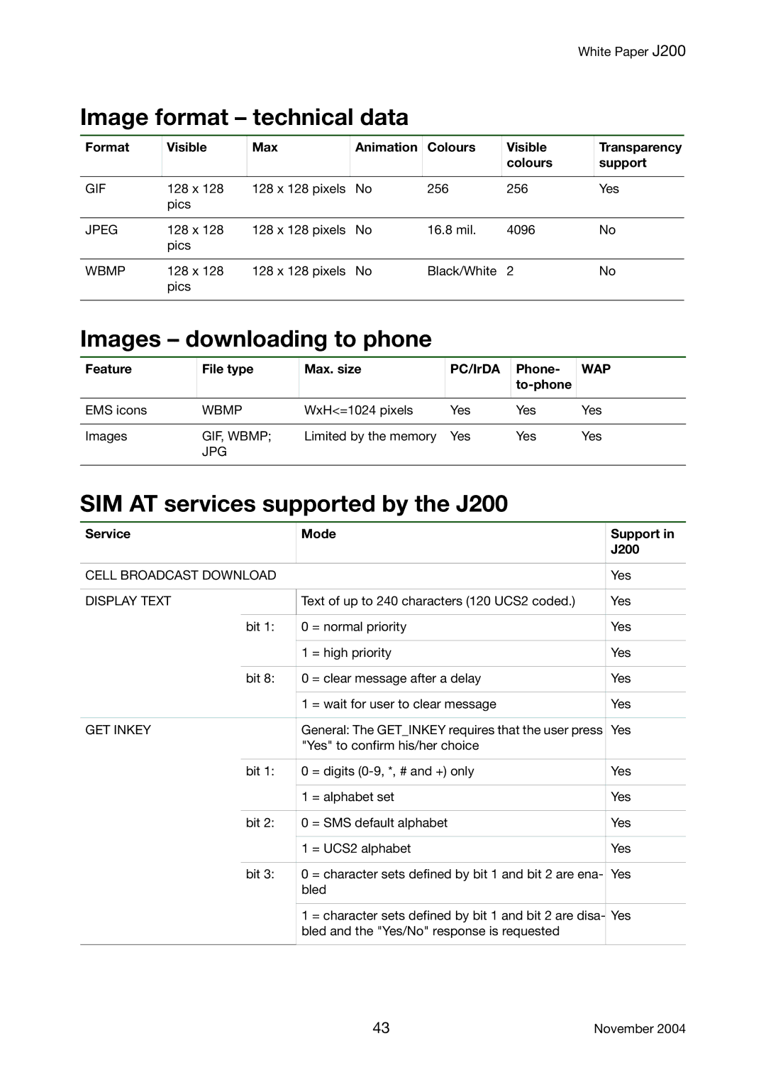 Sony Ericsson manual Image format technical data, Images downloading to phone, SIM AT services supported by the J200 