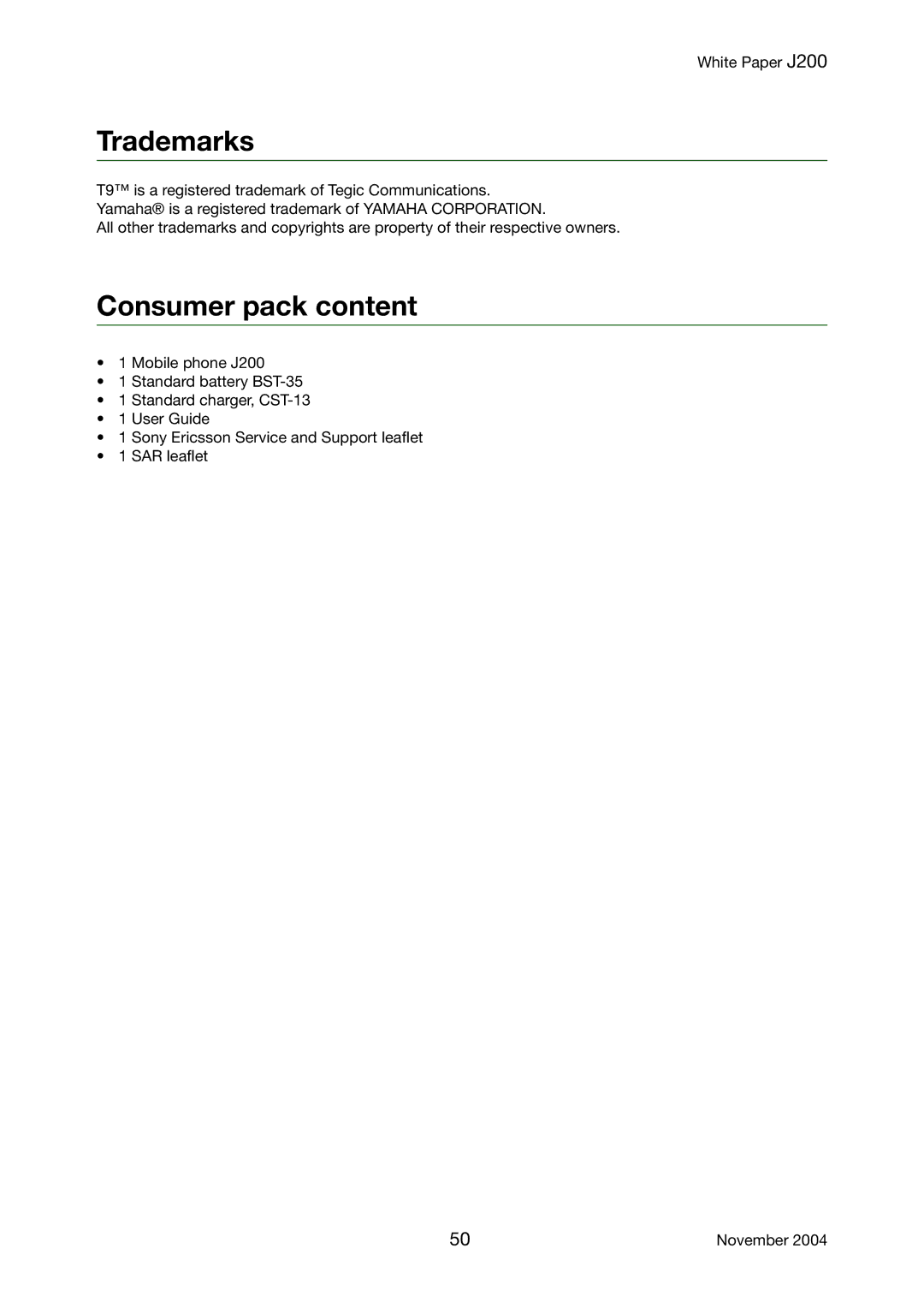 Sony Ericsson J200 manual Trademarks, Consumer pack content 