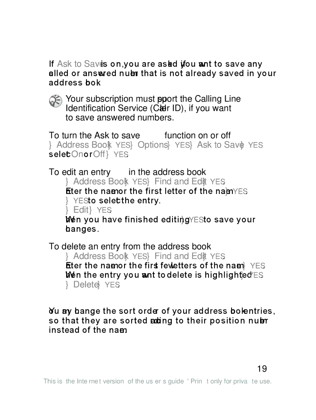 Sony Ericsson J220a To turn the Ask to save function on or off, To edit an entry in the address book, Edit YES, Delete YES 