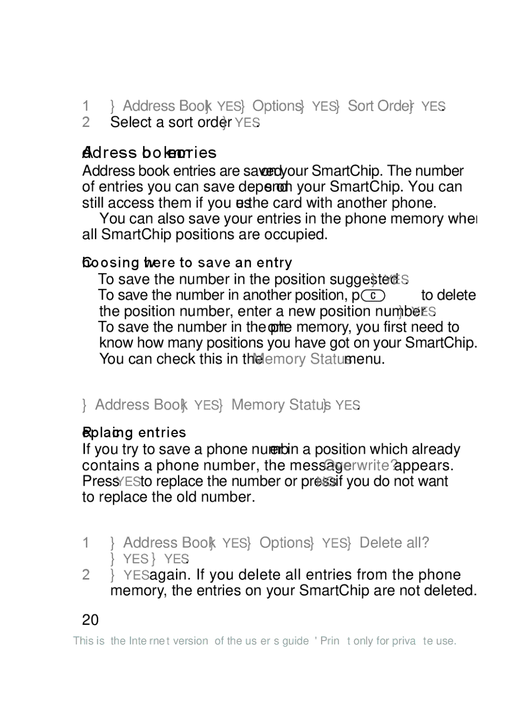 Sony Ericsson J220a manual Address book memories, To choose a sort order, Address Book YES Options YES Sort Order YES 