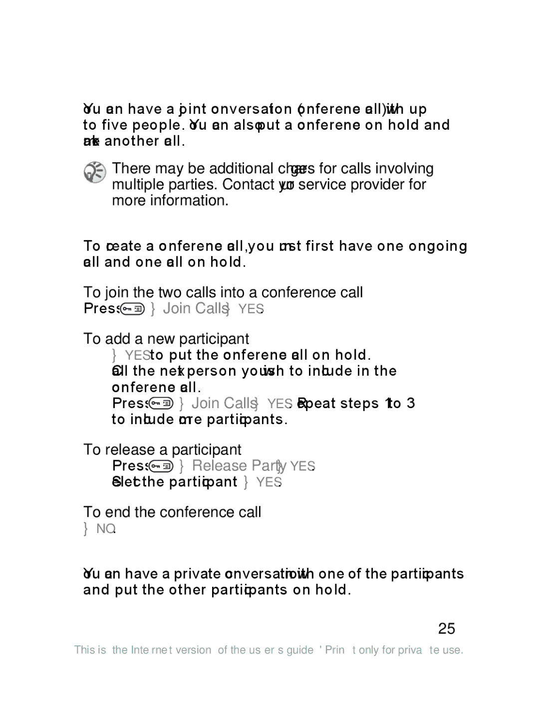 Sony Ericsson J220a manual To join the two calls into a conference call, To add a new participant, To release a participant 