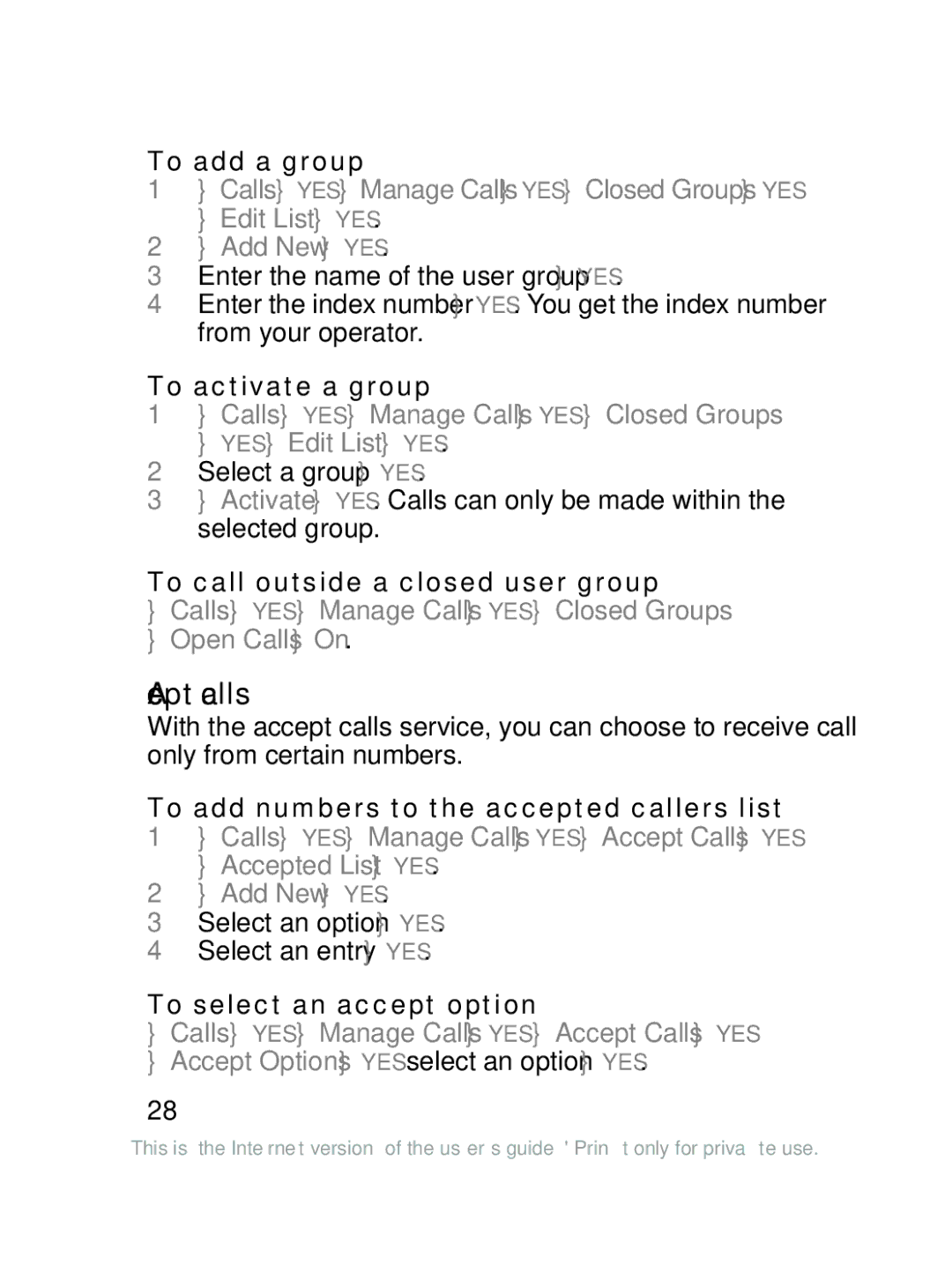 Sony Ericsson J220a manual Accept calls, To add a group, To activate a group, To call outside a closed user group 