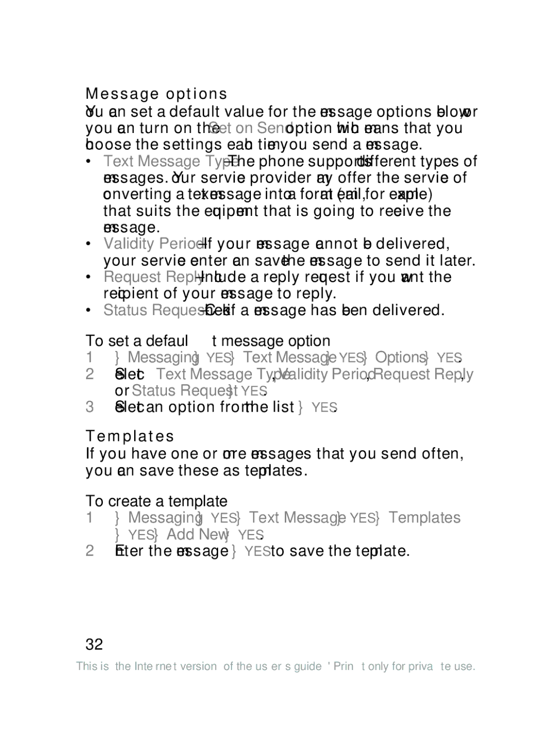 Sony Ericsson J220a manual Message options, To set a default message option, Templates, To create a template 