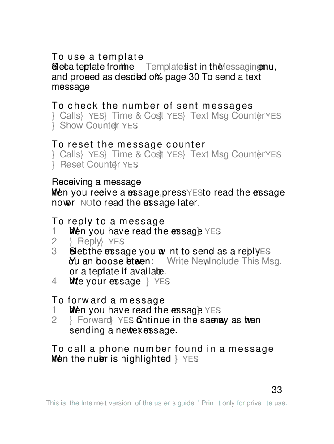 Sony Ericsson J220a manual To use a template, To check the number of sent messages, To reset the message counter 