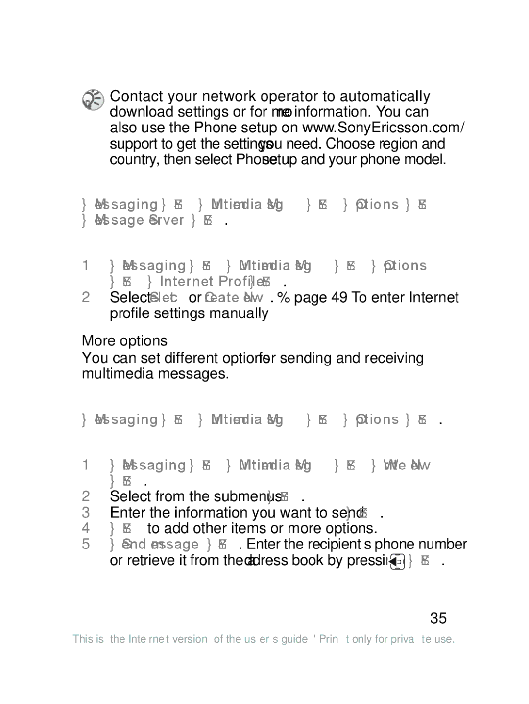 Sony Ericsson J220a manual To enter the service center address, To select or enter settings for MMS, To select an option 