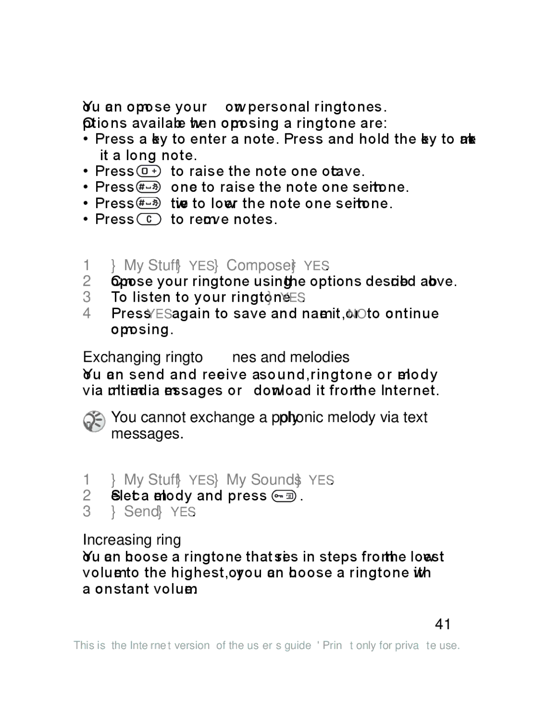 Sony Ericsson J220a manual To compose a ringtone, My Stuff YES Composer YES, To send a melody, My Stuff YES My Sounds YES 