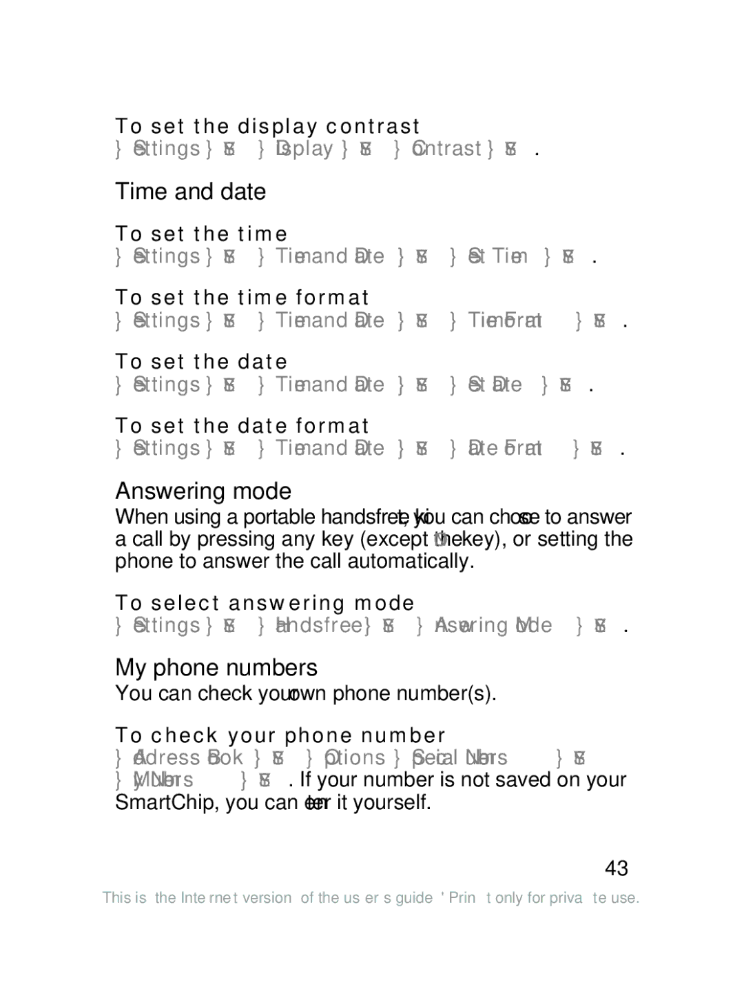 Sony Ericsson J220a manual Time and date, Answering mode, My phone numbers 