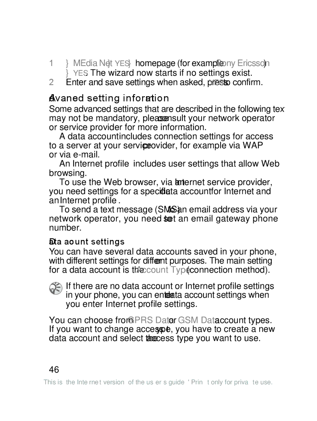 Sony Ericsson J220a manual Advanced setting information, To use the wizard for setting up Internet, Data account settings 